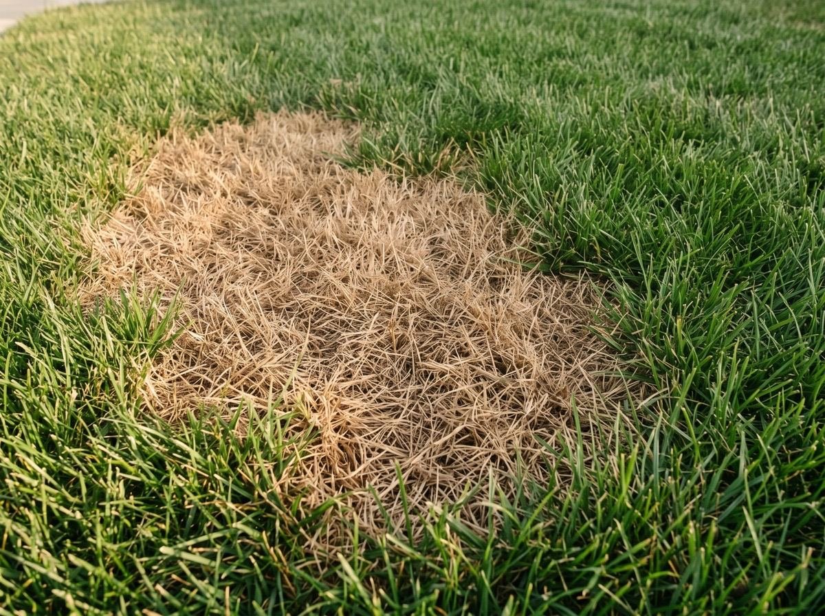 Lawn with a large dry brown patch where one sprinkler zone is not reaching.